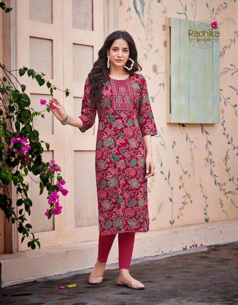 Pahel Vol 7 By Radhika Straight Cut Rayon Printed Kurti Wholesale Market In Surat
